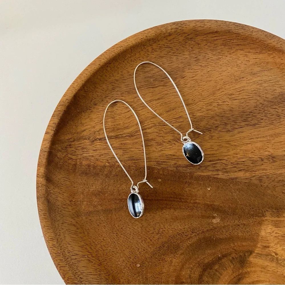4/$15 Silver Black Enameled Kidney Wired Oval Drop Hoop Earrings